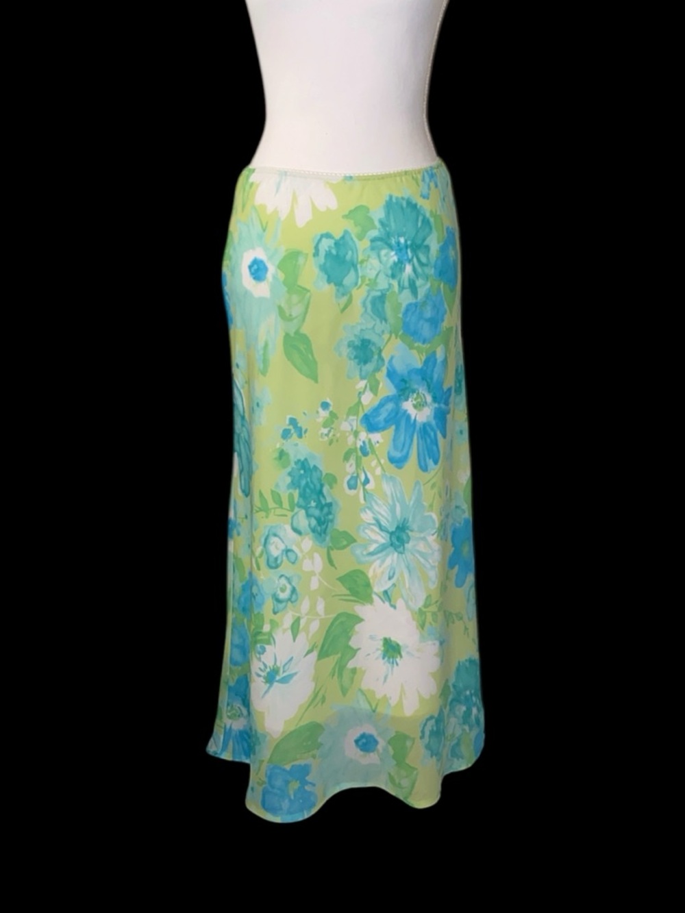 Vintage Y2K Blue Green Chiffon Trumpet Midi Slip Skirt 8 Petite Floral Fairy